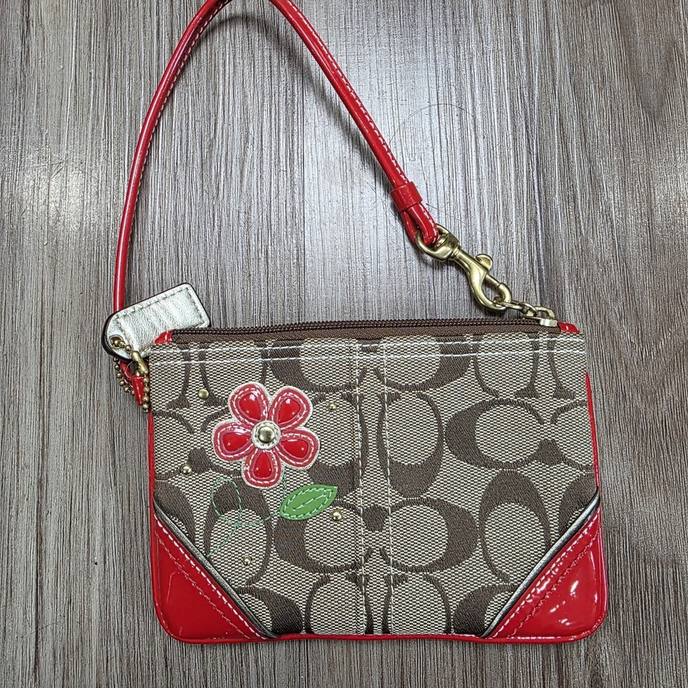 Coach Wristlet Brown Red Patent Leather Flower Jacquard Monogram